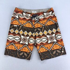 Quiksilver Waterman Boardshorts Mens 34 Tiki Print Brown Orange‎ Surf Swim Flex